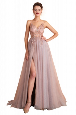 Spaghetti Straps V-neck Sheer Top Sexy Long Prom Dresses with Side Slit | Elegant Tulle Evening Dresses_1