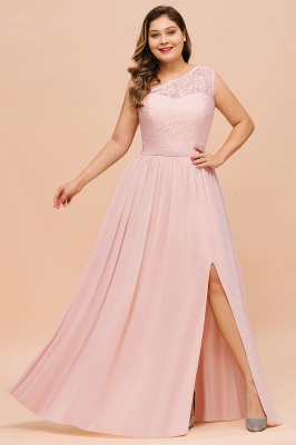 Chic Long A-line One Shoulder Chiffon Lace Pink Bridesmaid Dresses with Slit_4