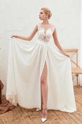 Jewel Cap Sleeves Sheer Sweep Train A-line Appliques Chiffon Wedding Dresses_4