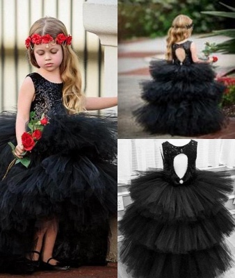 Jewel Sleeveless Hi-Lo Open Back Sequins Tulle Ball Gown Flower Girl Dresses_3