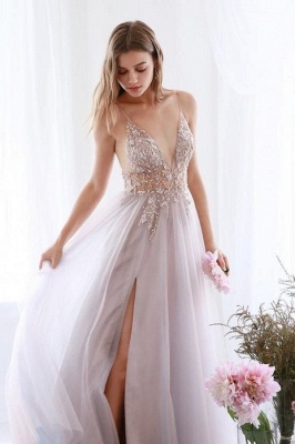 Spaghetti Straps V-neck Sheer Top Sexy Long Prom Dresses with Side Slit | Elegant Tulle Evening Dresses_7