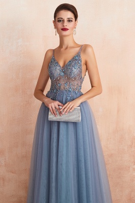 Spaghetti Straps V-neck Sheer Top Sexy Long Prom Dresses with Side Slit | Elegant Tulle Evening Dresses_19