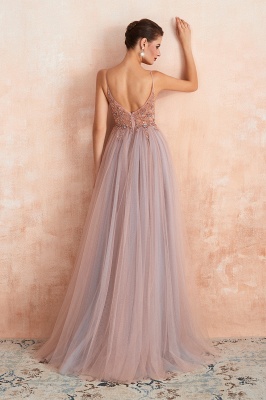Spaghetti Straps V-neck Sheer Top Sexy Long Prom Dresses with Side Slit | Elegant Tulle Evening Dresses_4