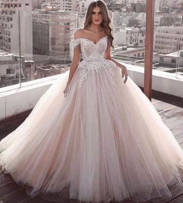 Glamorous Off the Shoulder Floor Length Ball Gown Lace Tulle Wedding Dresses_2