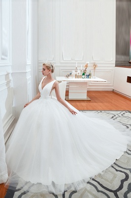 Elegant Floor Length V-neck Straps Belted A-line Tulle Wedding Dresses_4