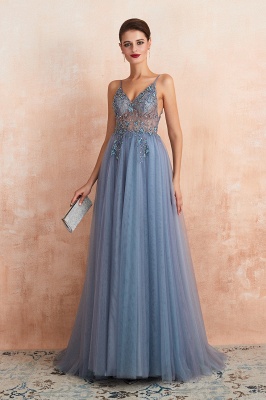 Spaghetti Straps V-neck Sheer Top Sexy Long Prom Dresses with Side Slit | Elegant Tulle Evening Dresses_25
