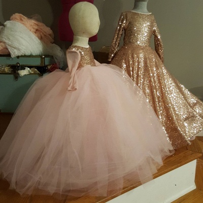 Cute Jewel Long Sleeves Sequined Puffy Tulle Flower Girl Dresses_1