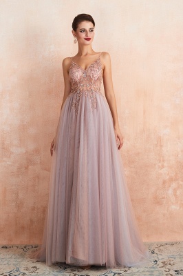 Spaghetti Straps V-neck Sheer Top Sexy Long Prom Dresses with Side Slit | Elegant Tulle Evening Dresses_13
