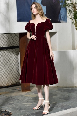 Burgundy Flare Sleeve Deep V Neck Tea Length A Line Prom Dresses | Ruffles Evening Dresses_11
