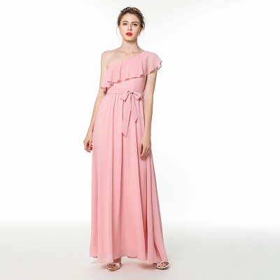 One Shoulder Belted Floor Length Chiffon Prom Dresses | Long Evening Dresses
