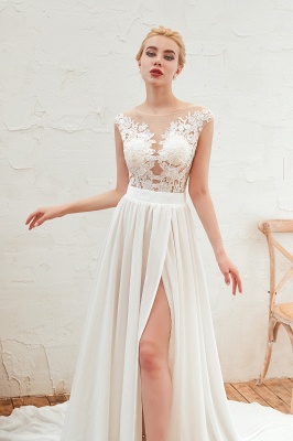 Jewel Cap Sleeves Sheer Sweep Train A-line Appliques Chiffon Wedding Dresses_13