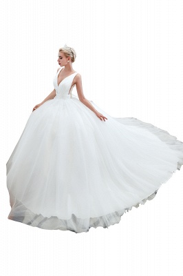 Elegant Floor Length V-neck Straps Belted A-line Tulle Wedding Dresses_6