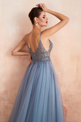 Spaghetti Straps V-neck Sheer Top Sexy Long Prom Dresses with Side Slit | Elegant Tulle Evening Dresses_22