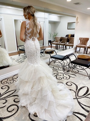 Gorgeous Straps V-neck Lace Tulle Mermaid Wedding Dresses | Trendy Bridal Gowns_2