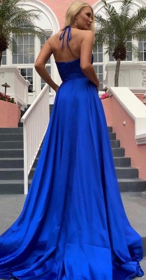Silky A-line Spaghetti Straps Deep V-neck Royal Blue Prom Dresses with a Leg Slit_5