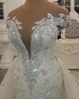Luxury Sheer Jewel Cap Sleeve Applique Beading Mermaid Wedding Dresses With Detachable Skirt_4