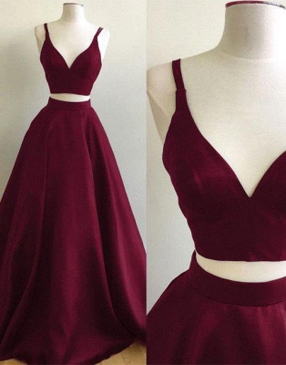 Burgundy Two-Piece Prom Dresses Straps Sleeveless Puffy A-line Evening Gowns_2
