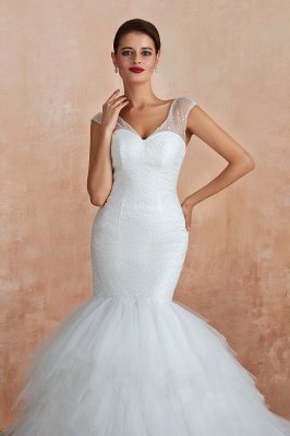 Floor Length V-neck Cap Sleeves Sexy Mermaid Wedding Dresses | Affordable Bridal Gown_12