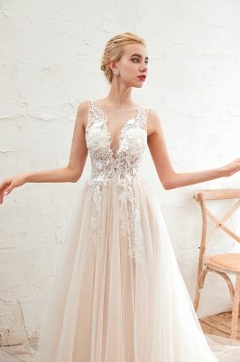 Round Neckline Sleeveless A-line Lace Up Sweep Train Lace Appliques Wedding Dresses_15