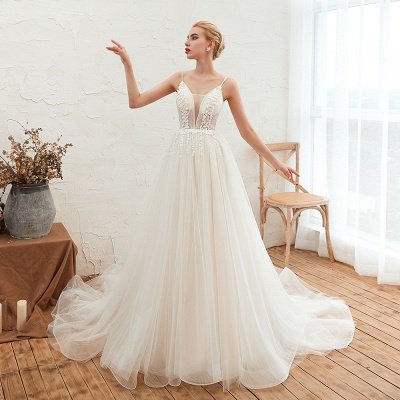 Elegant Spaghetti Straps Lace Up A-line Floor Length Lace Tulle Wedding Dresses_5