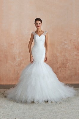 Floor Length V-neck Cap Sleeves Sexy Mermaid Wedding Dresses | Affordable Bridal Gown_6