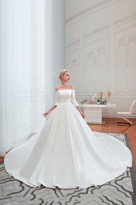 Gorgeous Off the Shoulder Half Sleeves Floor Length A-line Satin Wedding Dresses_3