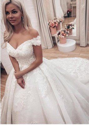 Off the Shoulder Lace Ball Gown Wedding Dresses with Lace-up Back_3
