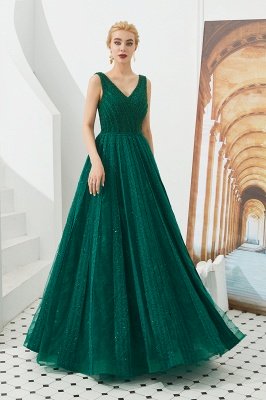 Gorgeous Straps V-neck A-line Long Prom Dresses | Jade Floor Length Evening Dresses_4