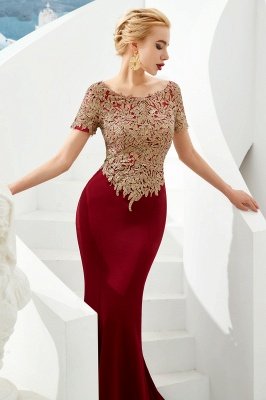 Bateau Short Sleeves Applique Fitted Long Prom Dresses | Burgundy Evening Dresses_4