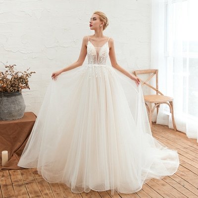 Elegant Spaghetti Straps Lace Up A-line Floor Length Lace Tulle Wedding Dresses_8