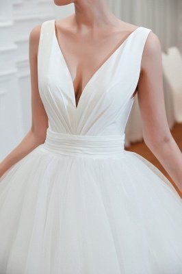 Elegant Floor Length V-neck Straps Belted A-line Tulle Wedding Dresses_5