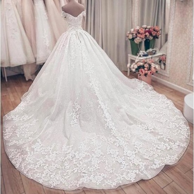 Off the Shoulder Lace Ball Gown Wedding Dresses with Lace-up Back_5