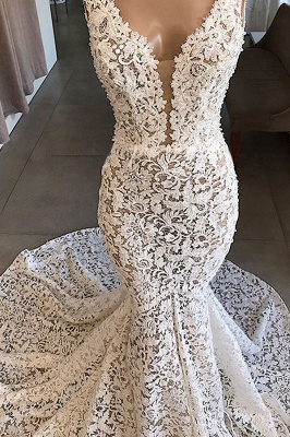 Straps V-neck Mermaid Lace Wedding Dresses | Fit and Flare Bridal Gowns_4
