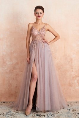 Spaghetti Straps V-neck Sheer Top Sexy Long Prom Dresses with Side Slit | Elegant Tulle Evening Dresses_3