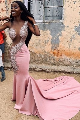Jewel Sheer Appliques Sleeveless Mermaid Prom Dresses | African Style Prom Dresses_1
