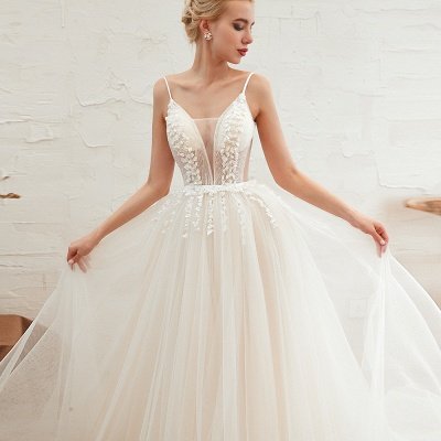 Elegant Spaghetti Straps Lace Up A-line Floor Length Lace Tulle Wedding Dresses_20