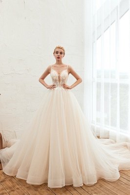 Gorgeous Spaghetti Straps V-neck Floor Length A-line Lace Tulle Wedding Dresses_2