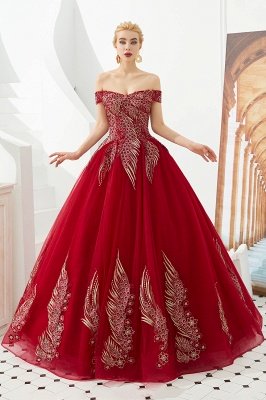 Glamorous Off the Shoulder Sweetheart Applique A-line Floor Length Prom Dresses_3