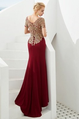 Bateau Short Sleeves Applique Fitted Long Prom Dresses | Burgundy Evening Dresses_3