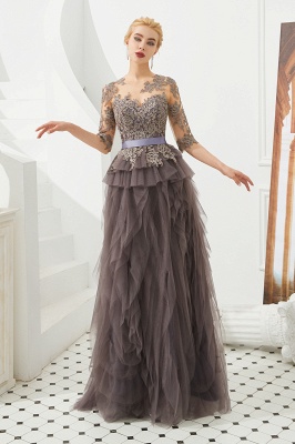 Elegant Jewel Half Sleeves Ribbon Belt A-line Lace Tulle Prom Dresses_5