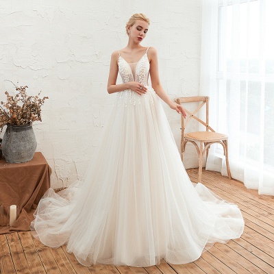 Elegant Spaghetti Straps Lace Up A-line Floor Length Lace Tulle Wedding Dresses_4