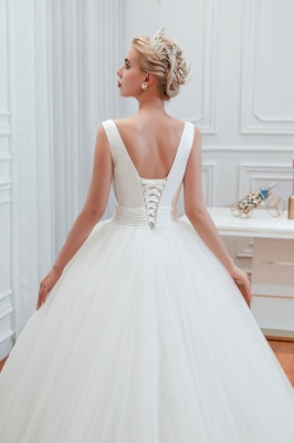 Elegant Floor Length V-neck Straps Belted A-line Tulle Wedding Dresses_9