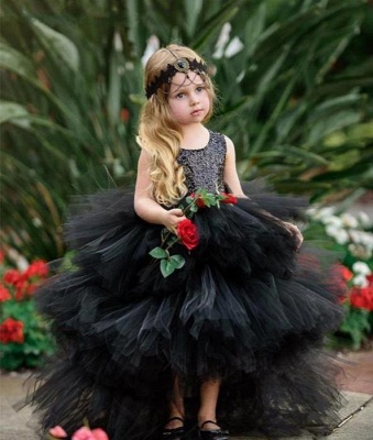 Jewel Sleeveless Hi-Lo Open Back Sequins Tulle Ball Gown Flower Girl Dresses_4