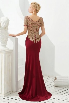 Bateau Short Sleeves Applique Fitted Long Prom Dresses | Burgundy Evening Dresses_5