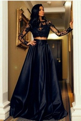Two Piece  A-line Lace Black Long-Sleeve Prom Dress_2