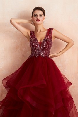 Sleeveless V-neck Sexy Long Tiered Beaded Prom Dresses | Elegant Organza Long Evening Dresses_9