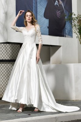 Glamorous 3/4 Sleeves Floor Length Length A-Line Lace Wedding Dresses_5
