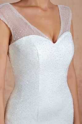 Floor Length V-neck Cap Sleeves Sexy Mermaid Wedding Dresses | Affordable Bridal Gown_11