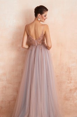 Spaghetti Straps V-neck Sheer Top Sexy Long Prom Dresses with Side Slit | Elegant Tulle Evening Dresses_15