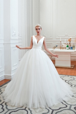 Elegant Floor Length V-neck Straps Belted A-line Tulle Wedding Dresses_3